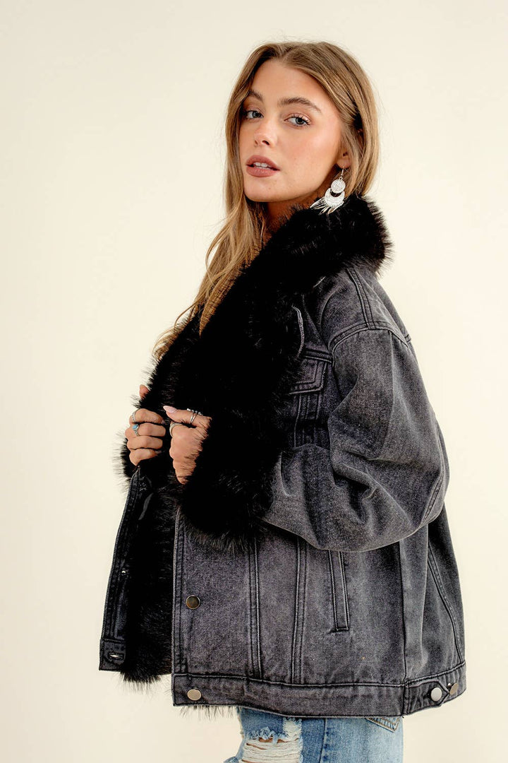 Fur Collard Cuff Oversized Denim Jacket