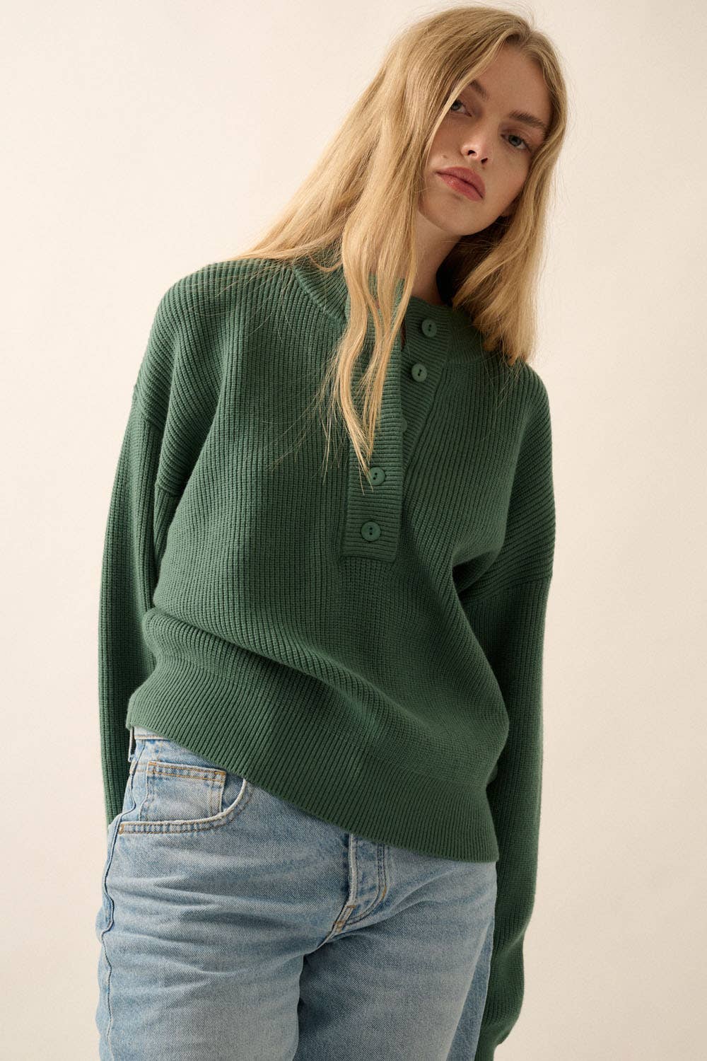 Solid Rib Knit Low Cut Collar Button Up Sweater: Cocoa