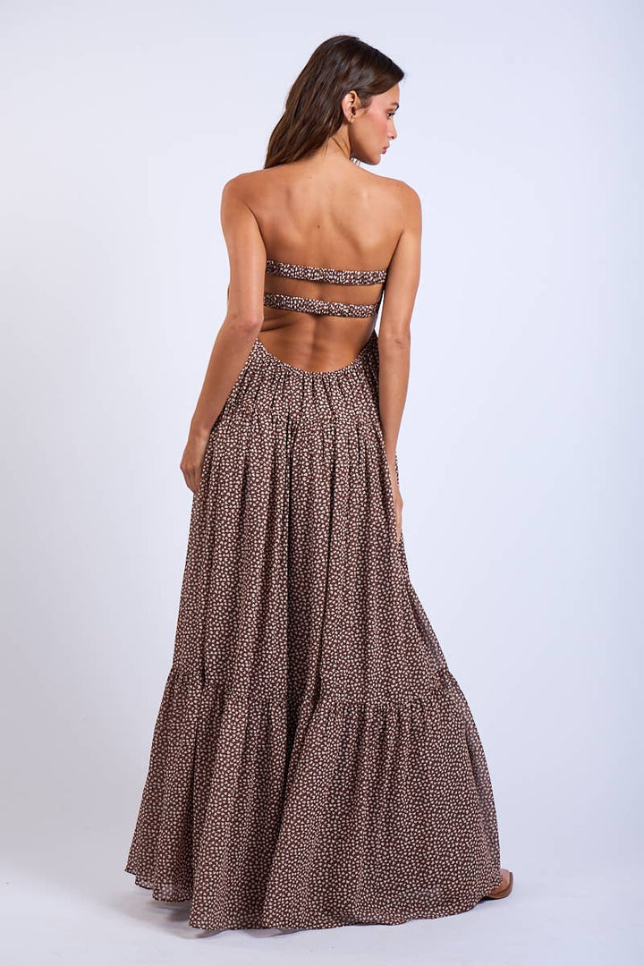 BROWN HEART PRINT TWISTED RUCHED BUST MAXI DRESS