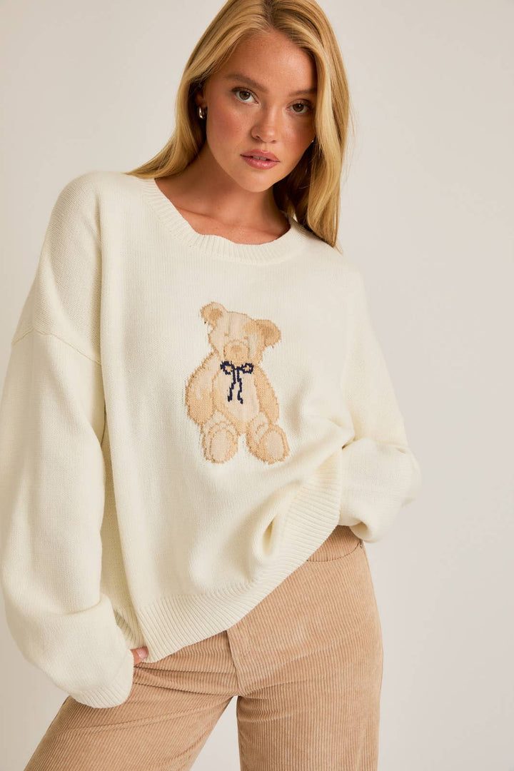 LONG SLEEVE CREW NECK TEDDY BEAR GRAPHIC SWEATER