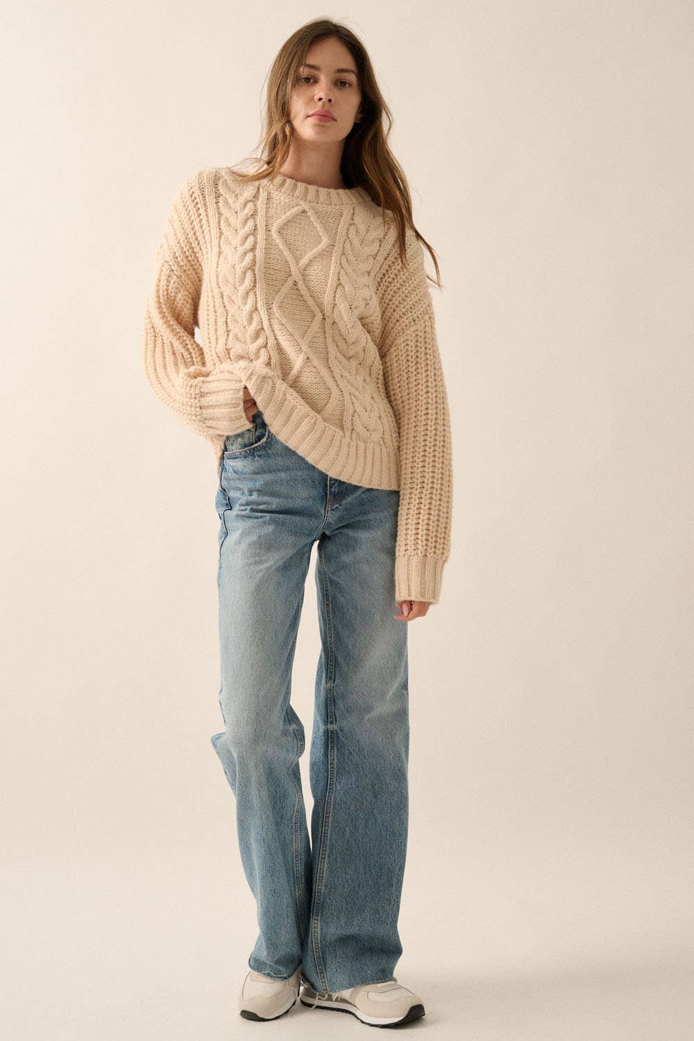 Solid Cable Knit Loose-Fit Sweater