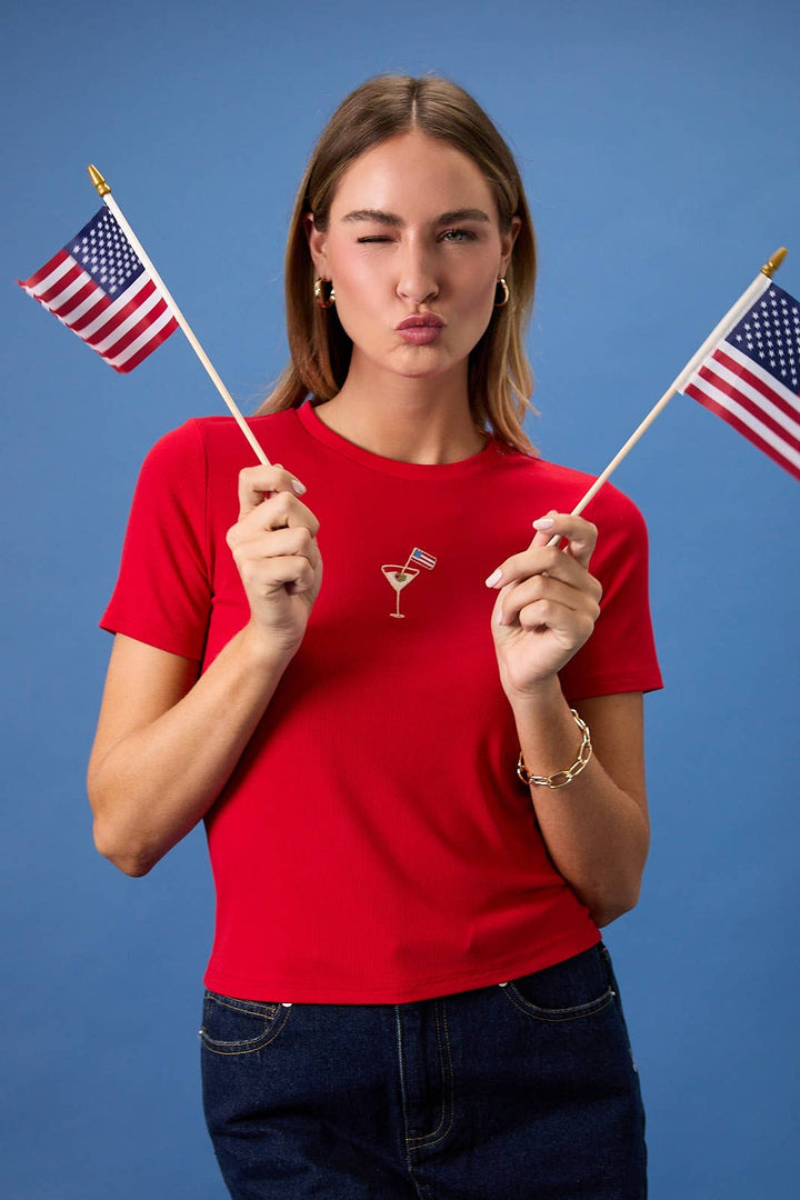 Crew Neck USA Cocktail Embroidered Ribbed Baby Tee