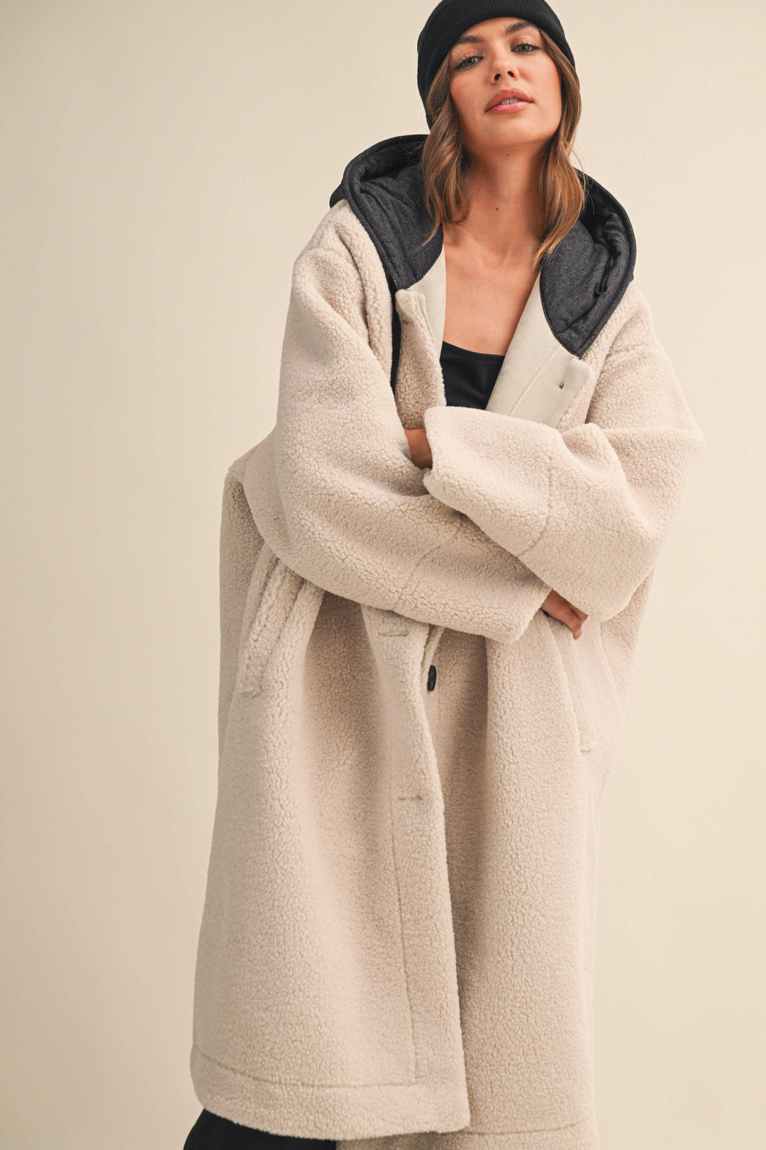 OVERSIZED DENIM CONTRAST HOODIE SHERPA COAT