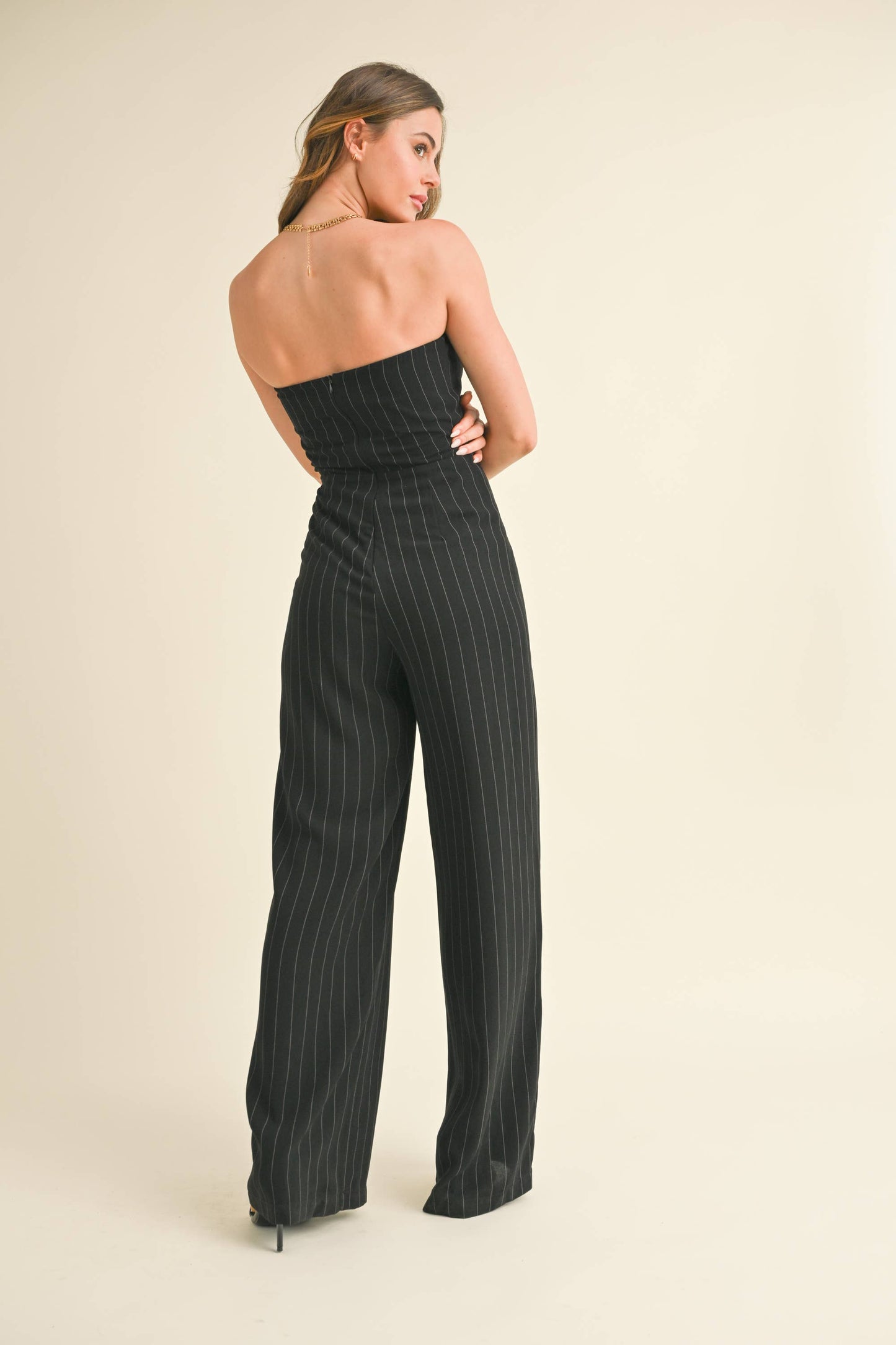 PIN STRIPED TUBE WIDE LEG JUMPSUIT