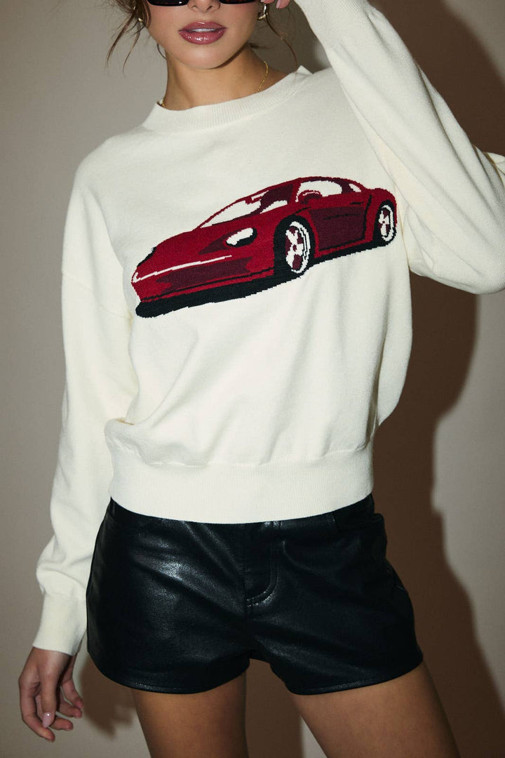 ROUND NECK LONG SLEEVE "CAR" GRAPHIC SWEATER