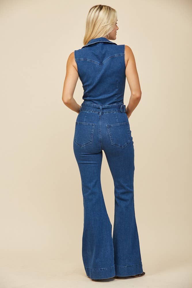 SLEEVELESS LONG DENIM BELTED JUMPSUIT