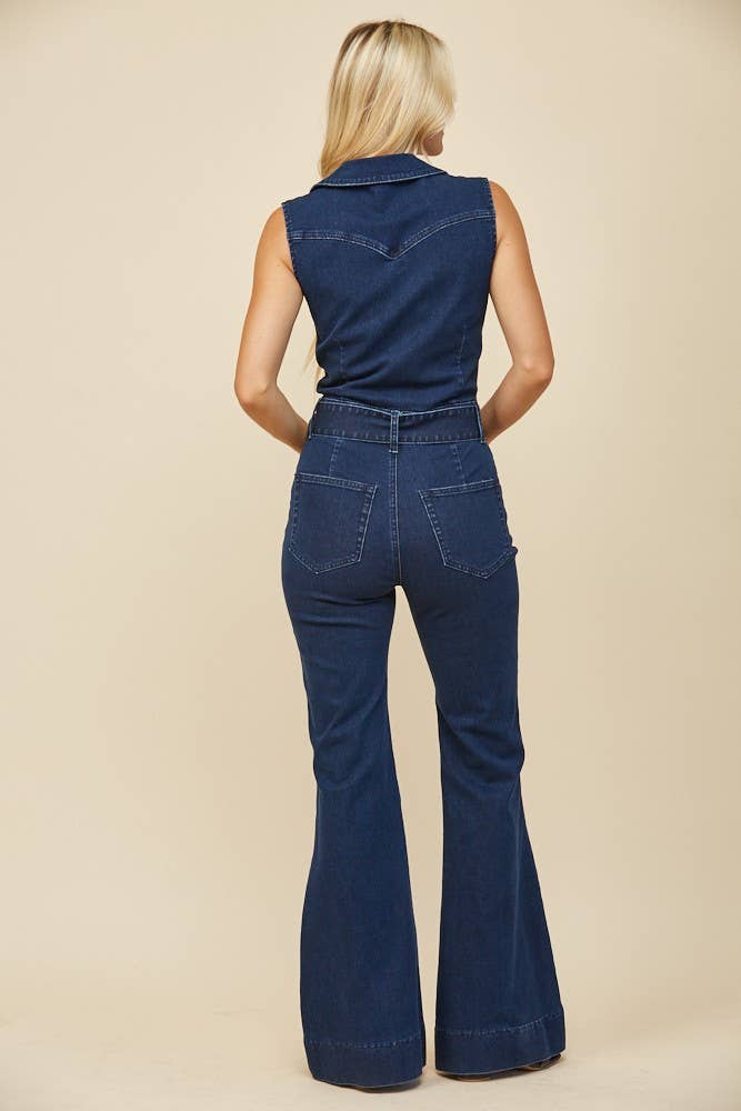 WISTERIA LANE - SLEEVELESS LONG DENIM BELTED JUMPSUIT - 4436 LIGHT DEN (Copy): MID DENIM / M