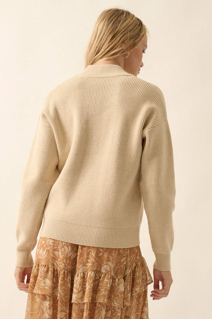 Solid Rib Knit Low Cut Collar Button Up Sweater: Cocoa