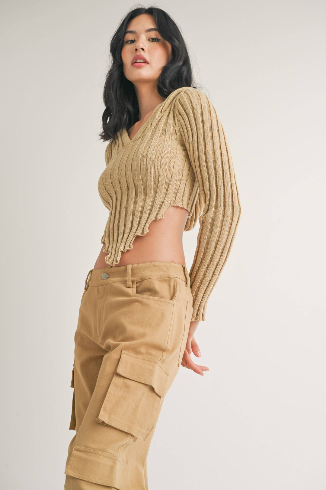 HOODED SWEATER KNIT CROP TOP WITH ASYMMETRICAL HEM