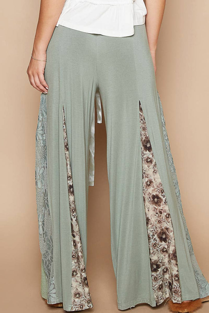 Lace printed fabric contrast adjustable strap wide pants