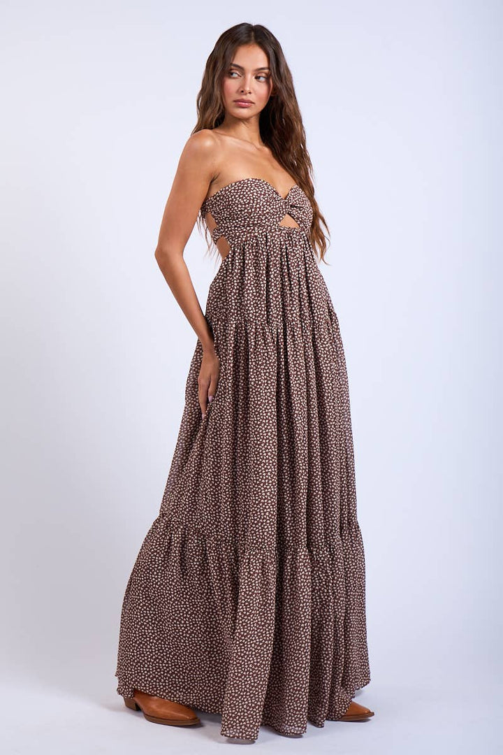 BROWN HEART PRINT TWISTED RUCHED BUST MAXI DRESS