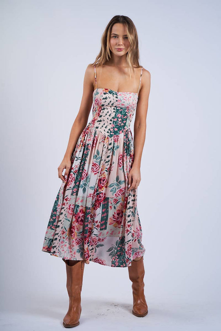 FLORAL PATCH PRINT SLEEVELESS SMOCKED MIDI DRESS