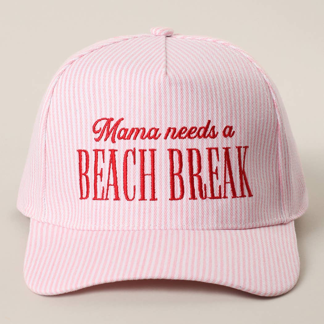 Fashion City - MAMA NEEDS A BEACH BREAK Embroidered StripedTrucker Hat: Pink