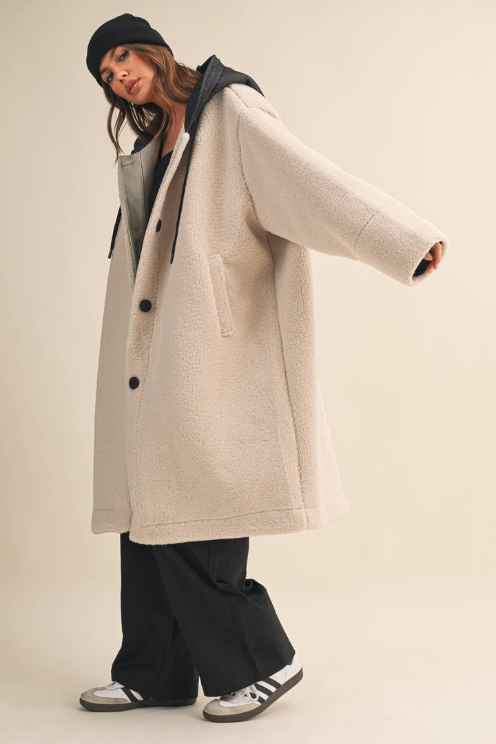 OVERSIZED DENIM CONTRAST HOODIE SHERPA COAT