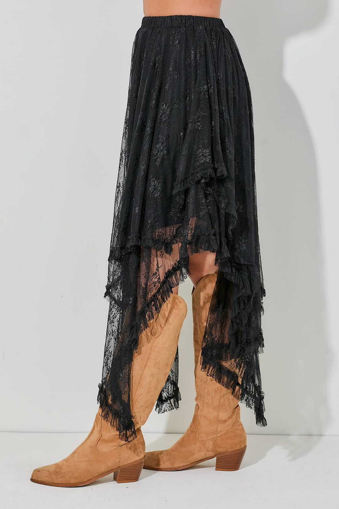 EMBELLISHED LACE HEM SKIRT- Black