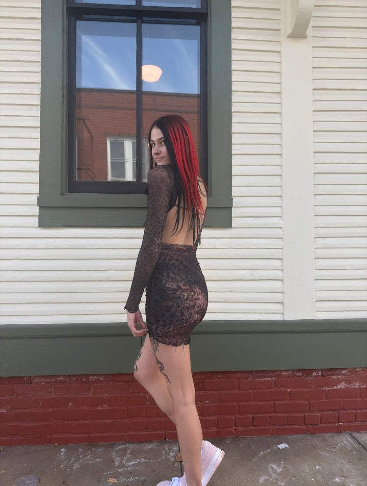 Mesh Print Open Back Mini Dress