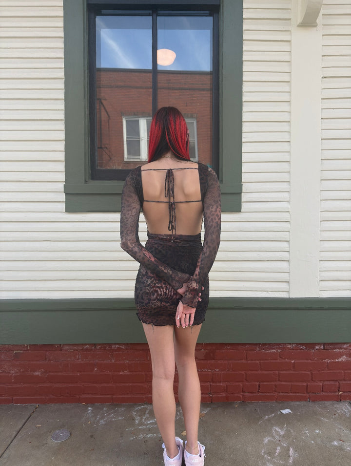 Mesh Print Open Back Mini Dress