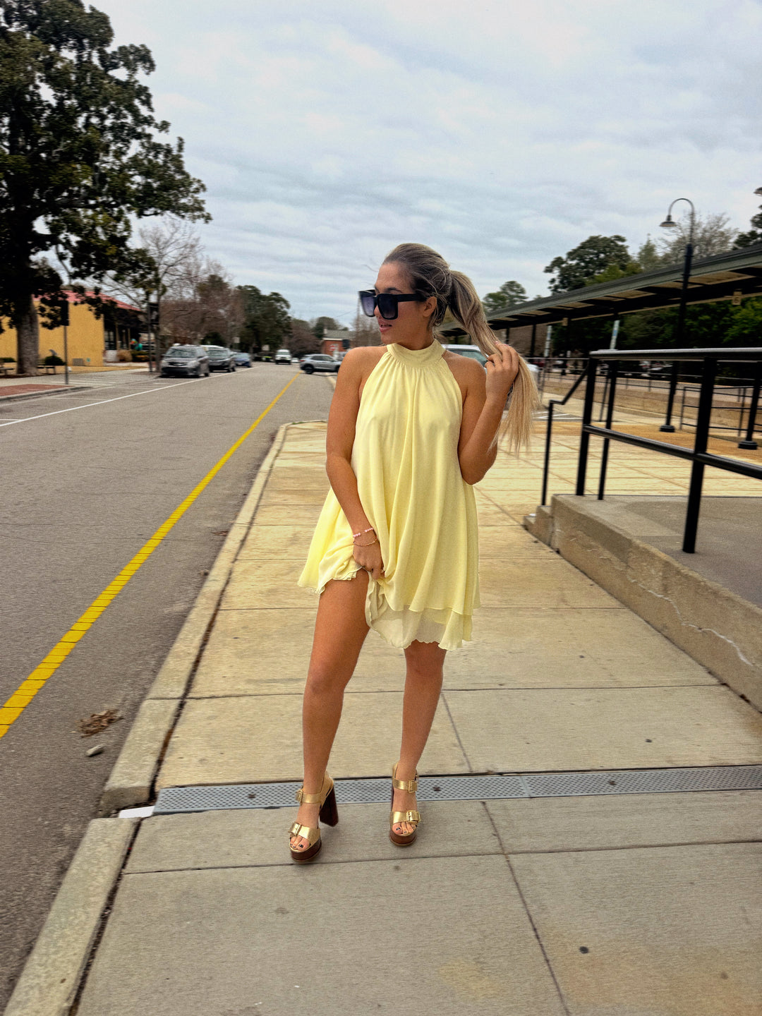 Easter Yellow Flowy Drape Dress L Easter Yellow Flowy Drape Dress L