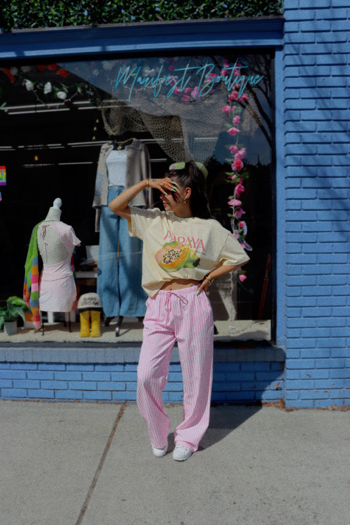 High Waist Sheer Sucker Stripe Elastic & Draw String on Waist Pants