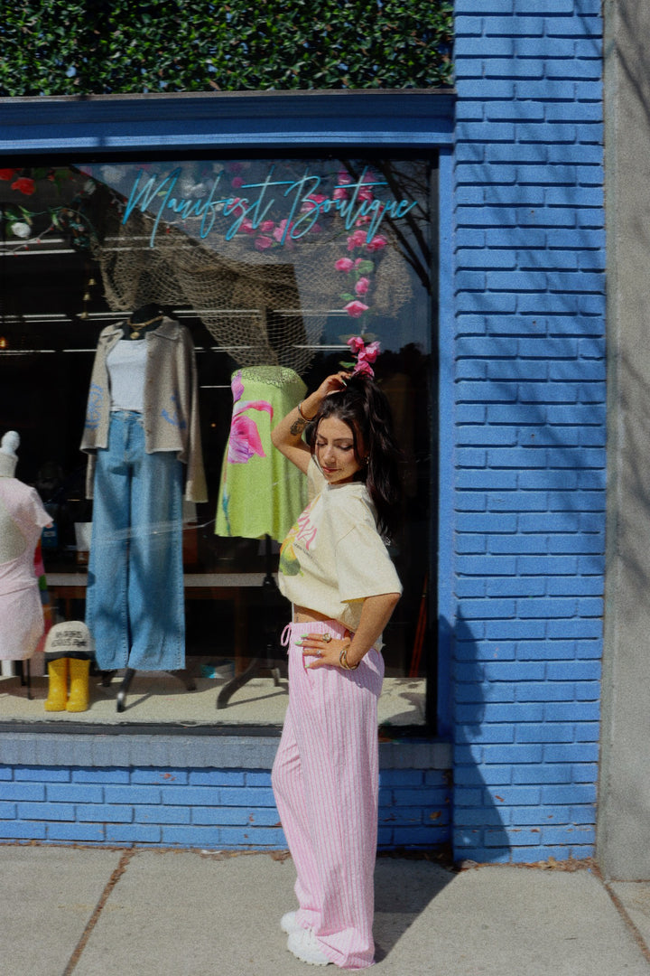 High Waist Sheer Sucker Stripe Elastic & Draw String on Waist Pants