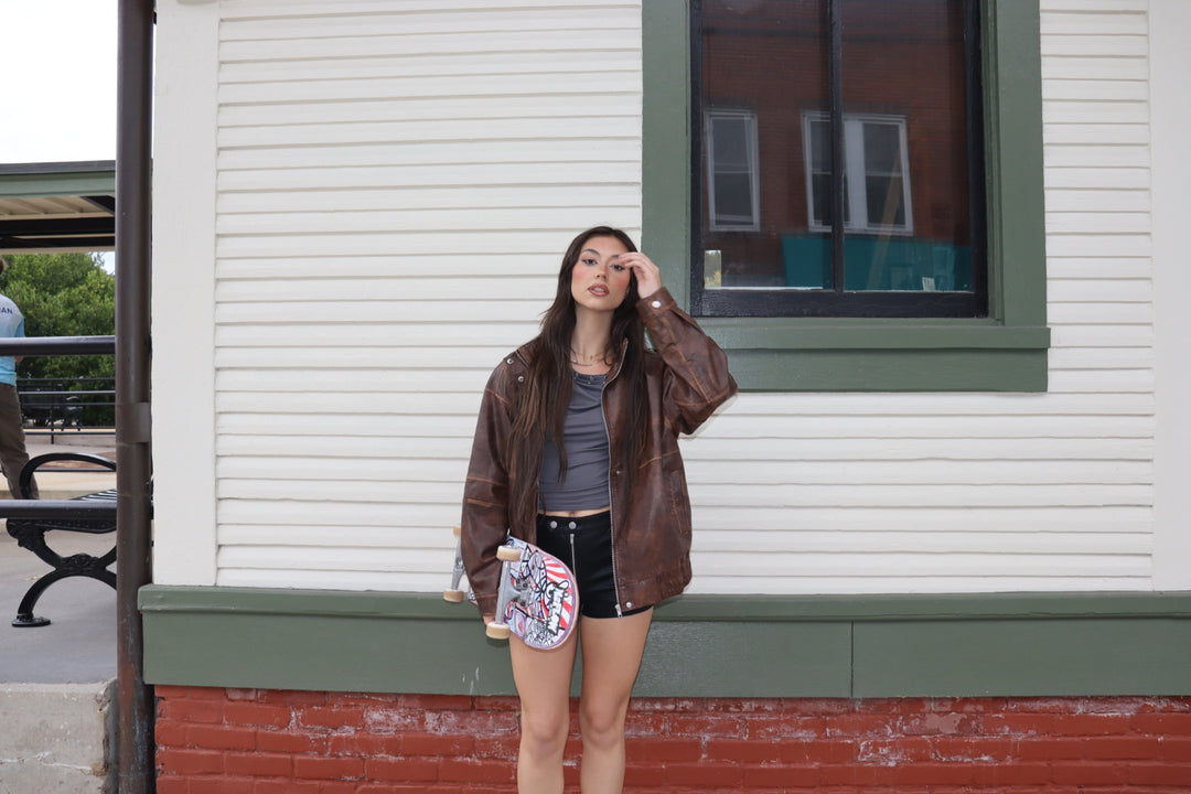 Oversized Faux Leather Bomber Jacket