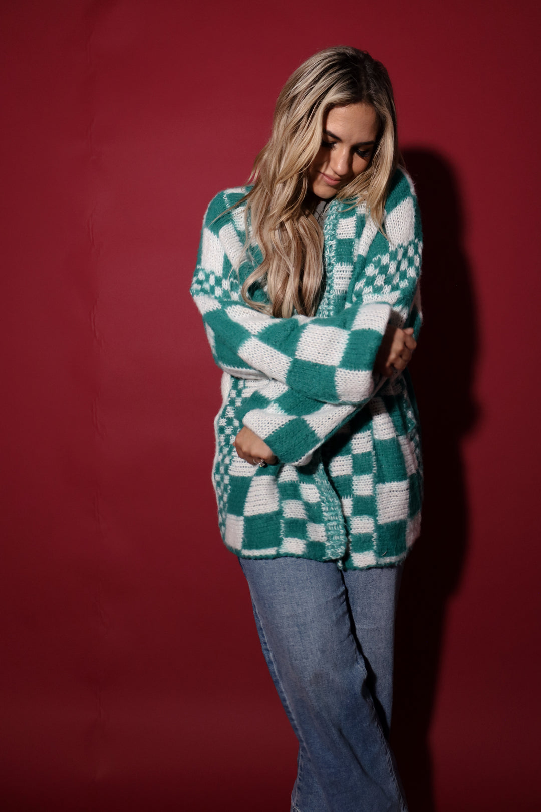 OVERSIZED CHECKERED KNIT CARDIGAN