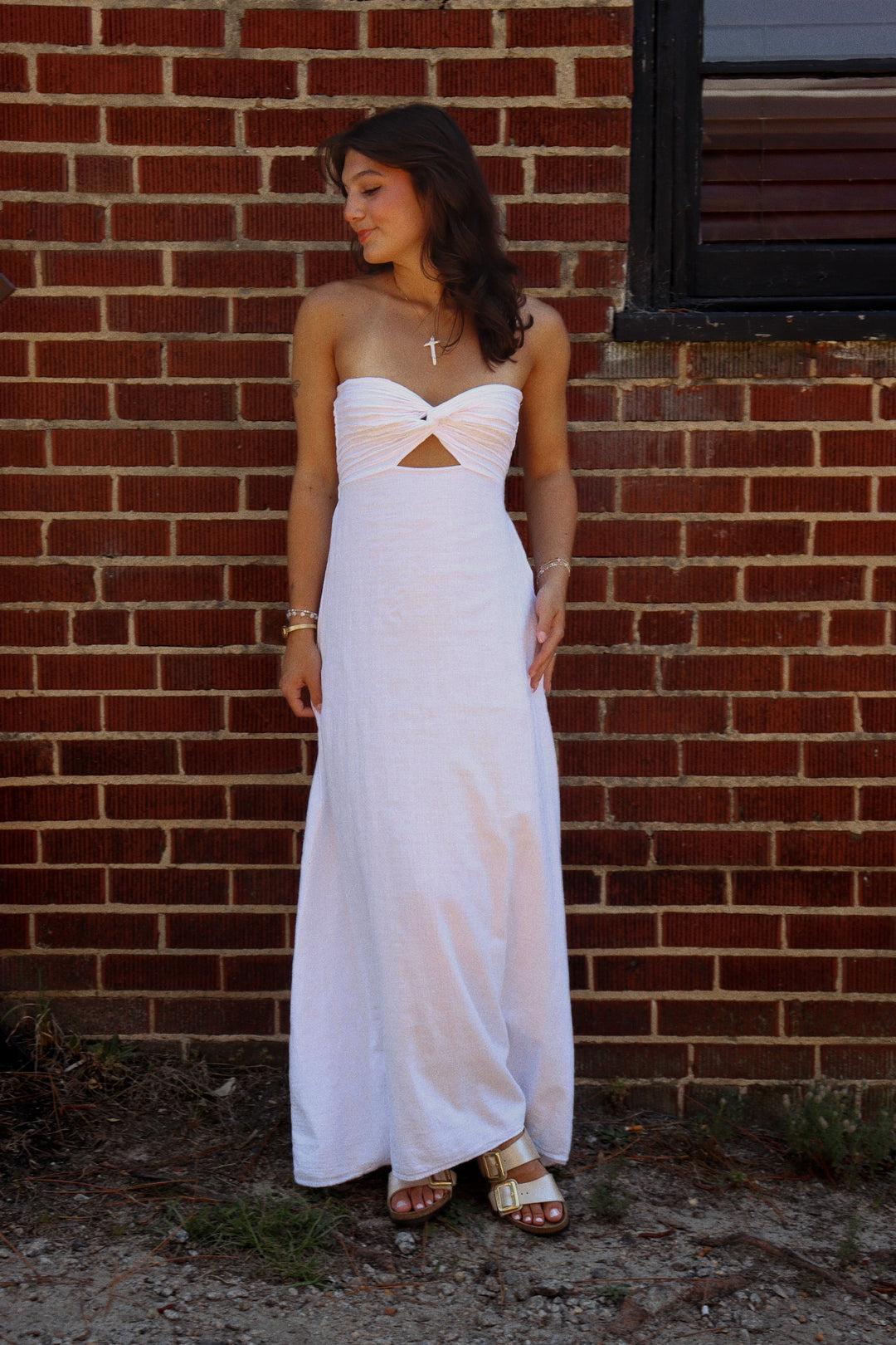 Women's White Pleated Chest Strapless Dress