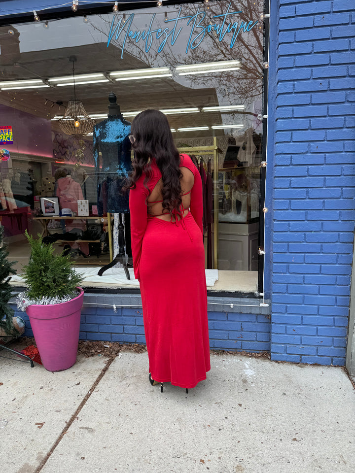 SOLID LONG SLEEVE OPEN BACK DOUBLE TIES MAXI DRESS ( Valentines)