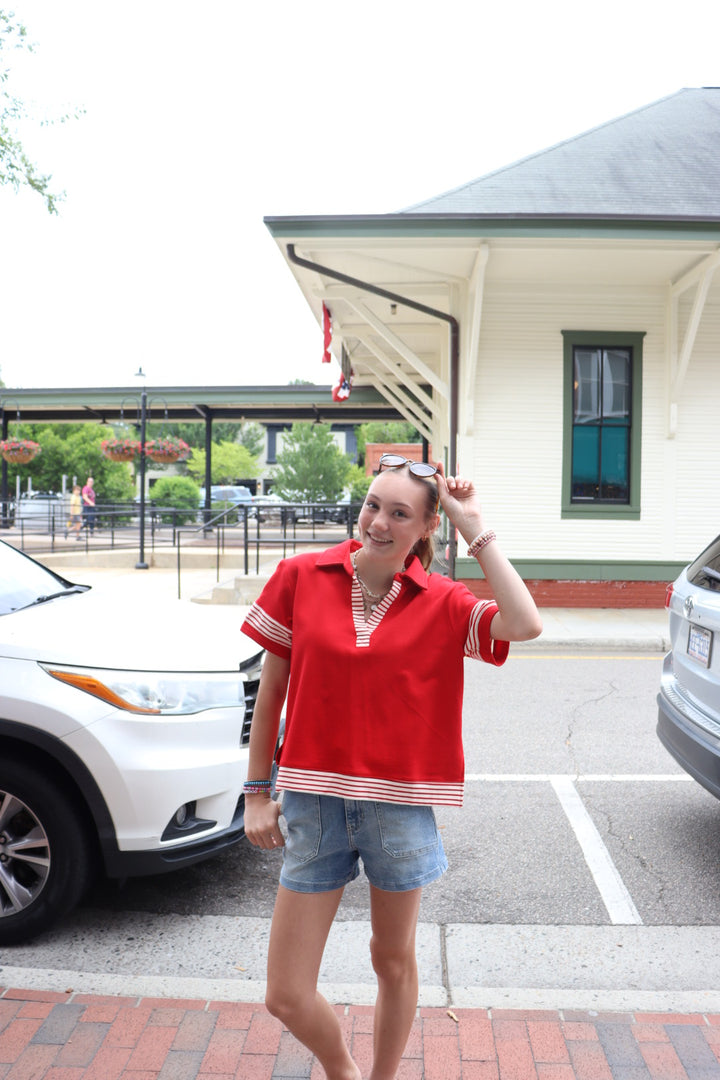 Half Sleeved Collared French Terry Top