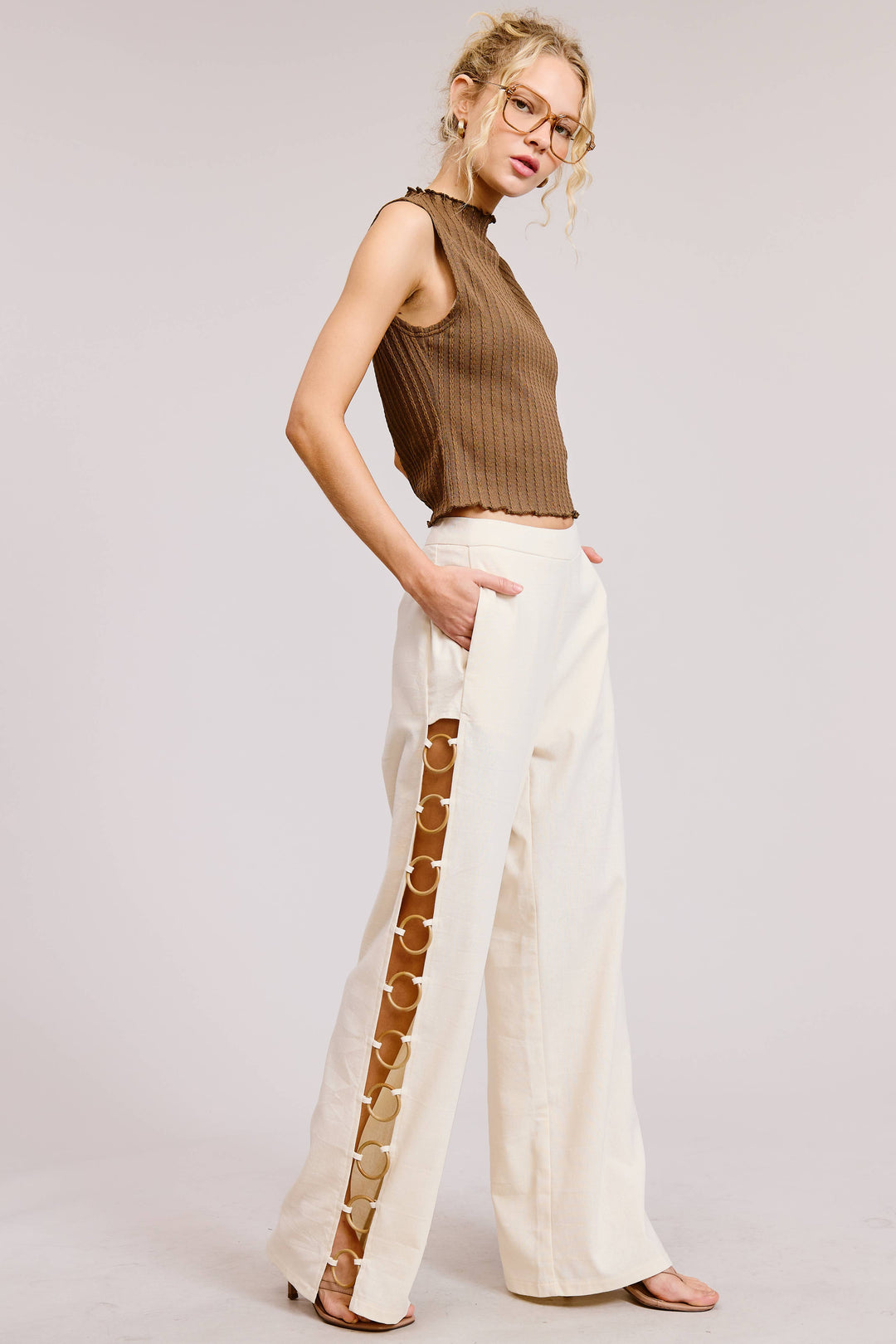 Linen Wide Leg Pants with Wooden Ring Accents