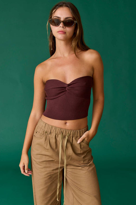 Stella Twist Front Rib Knit Bandeau Top: Red / S