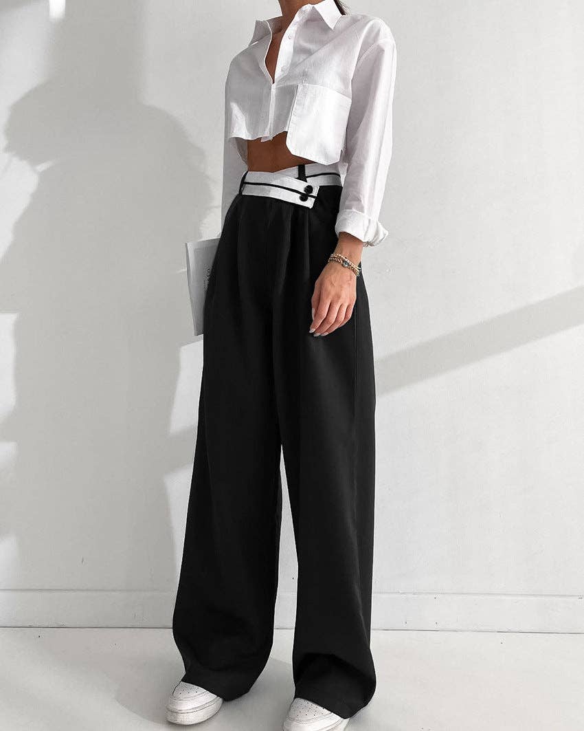 Black Split High Waist Wide Leg Loose Ladies Pant