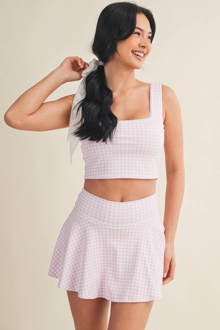 Gingham Print Crop Tank with Lace Trim