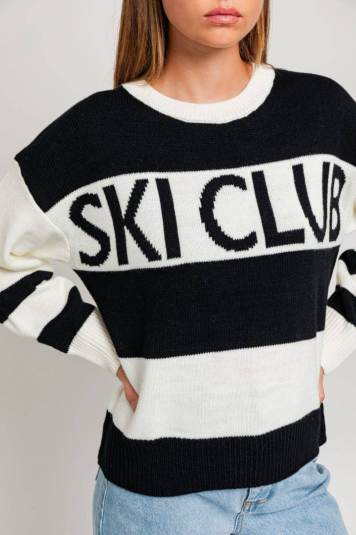 LONG SLEEVE ROUND NECK "SKI CLUB" SWEATER: WHITE