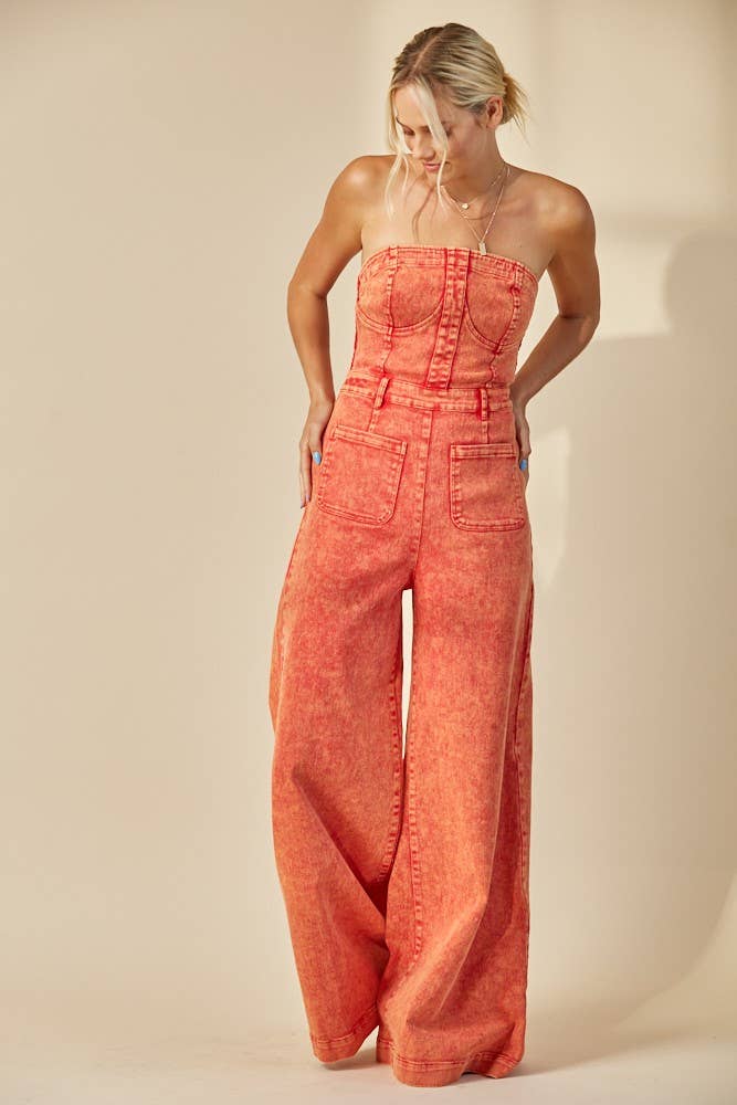 BOHO MINERAL WASH WIDE LEG DENIM JUMPSUIT