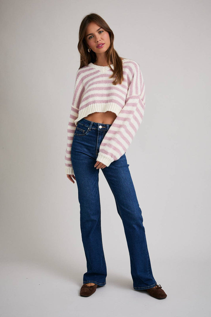 LONG SLEEVE V-NECK STRIPED CROPPED SWEATER- BUTTER