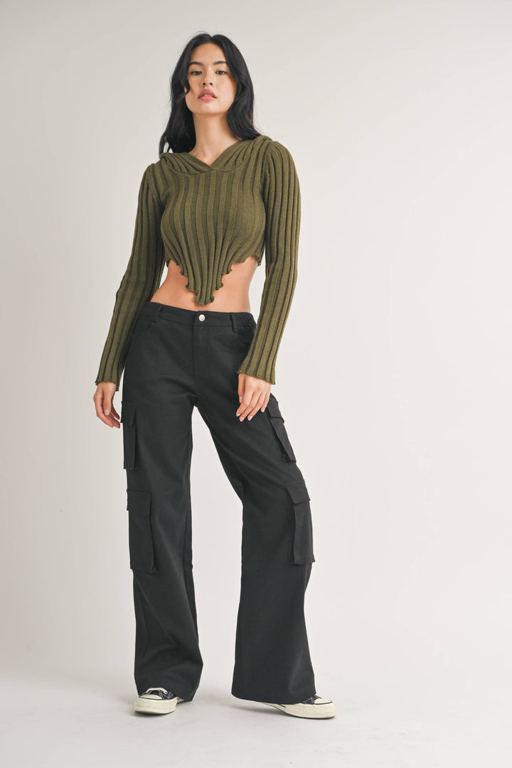 HOODED SWEATER KNIT CROP TOP WITH ASYMMETRICAL HEM