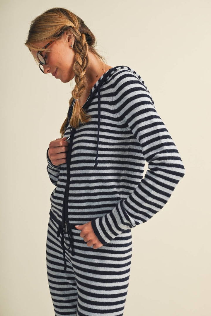 Striped Relaxed Zip Up Knit Sweater Hoodie: Choco Pink Stripe