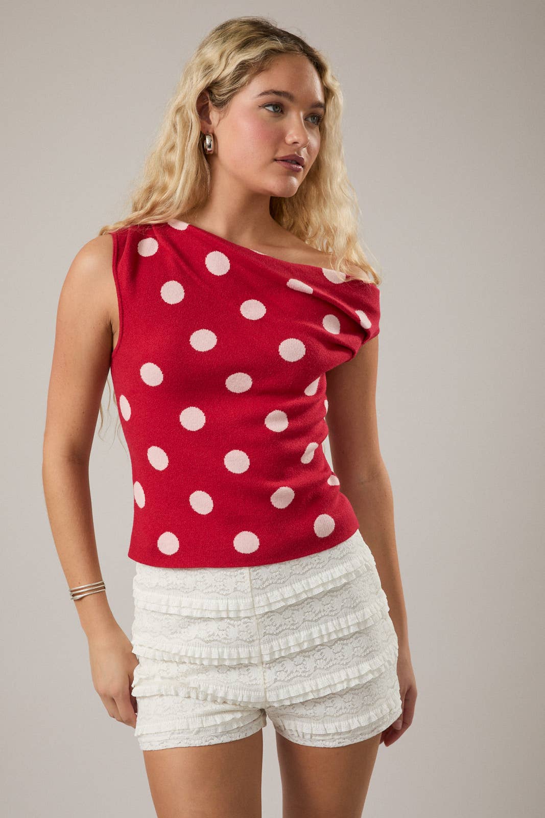 POLKA DOT DETAIL ASYMMETRICAL NECK SWEATER TOP: BLACK