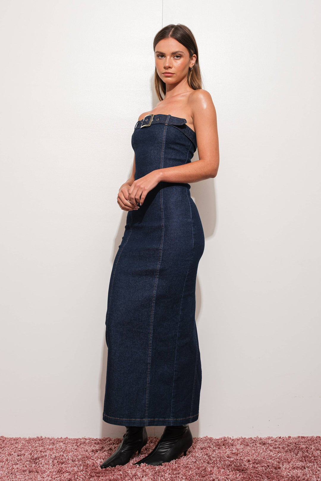 BUCKLE DENIM MAXI DRESS: DENIM