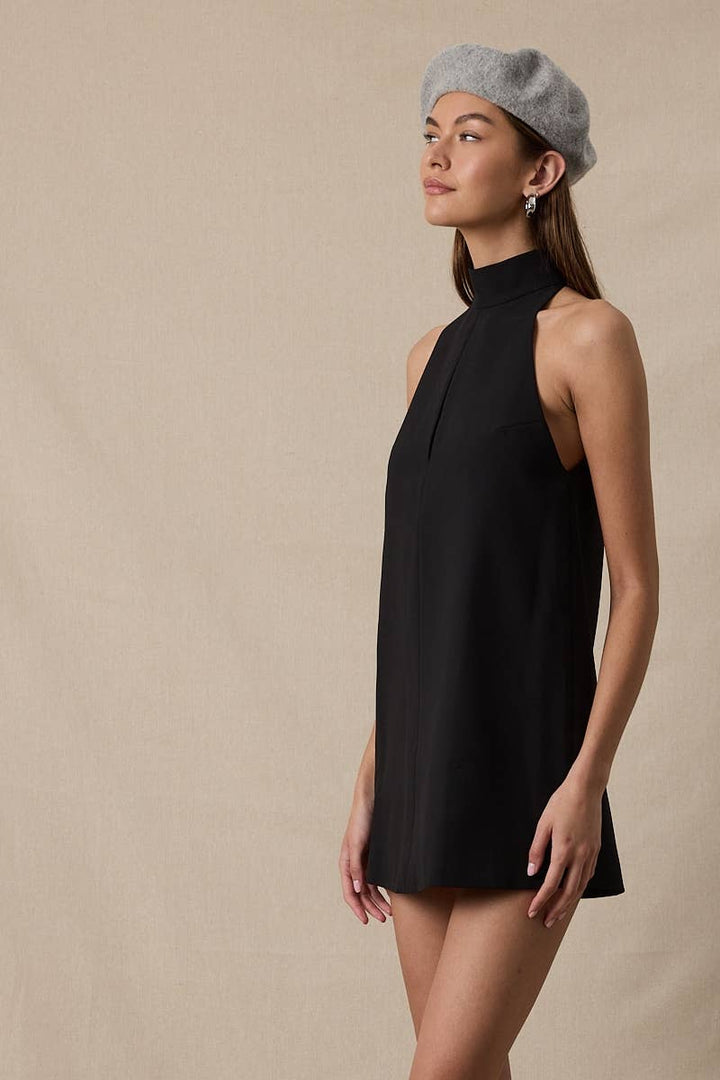 SOLID COLOR TURTLE NECK CUTOUT PLAIN MINI DRESS: