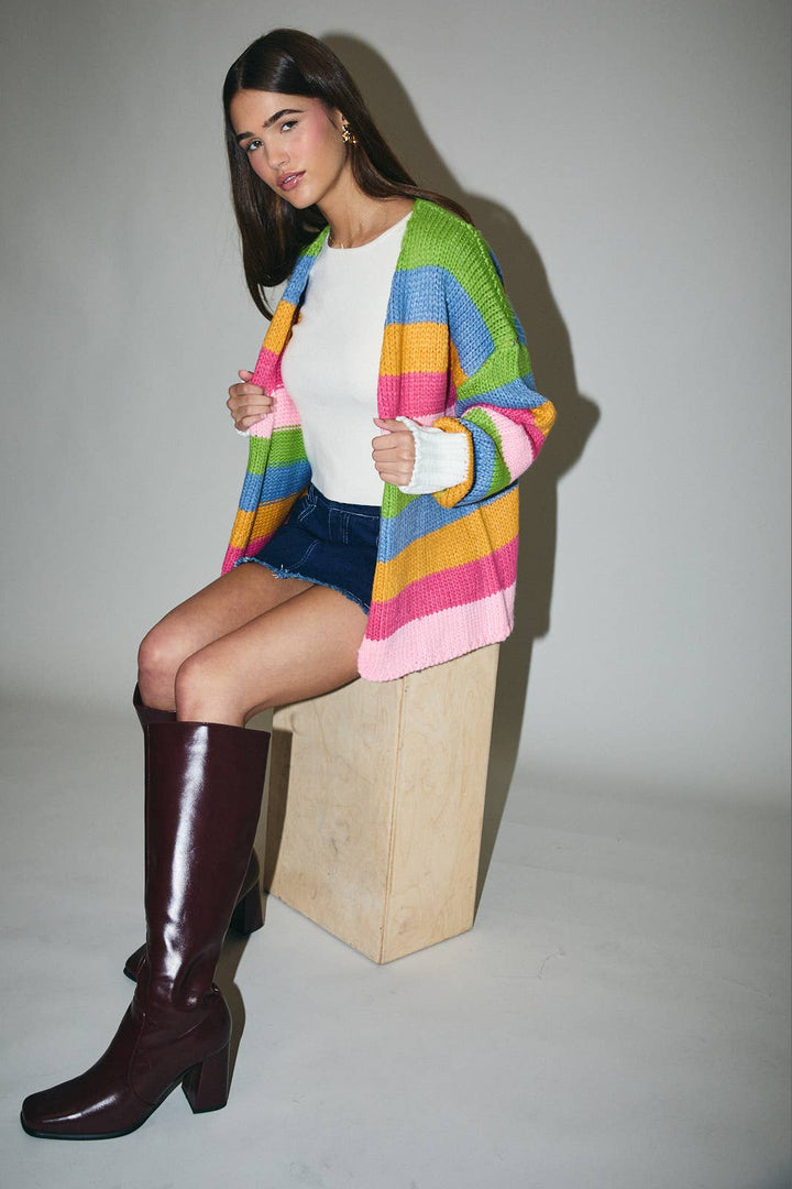 MULTI COLORED STRIPE CHUNKY SWEATER CARDIGAN