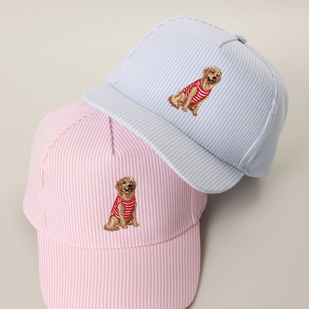 Fashion City - Golden Retriever Embroidered Seersucker Stripe Trucker Hat: BLUE / ONE SIZE