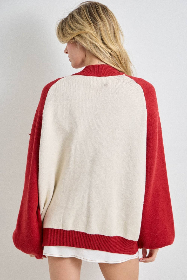 Retro Patch Appliqué Knit Bomber: CREAM/GREY