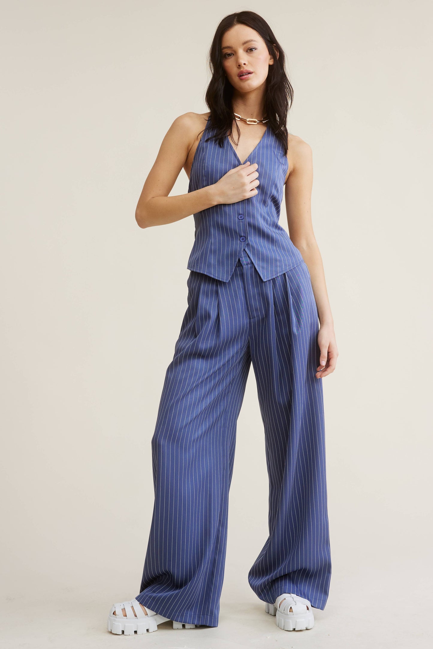 PINSTRIPE HALTER VEST + WIDE LEG PANTS MATCHING SET