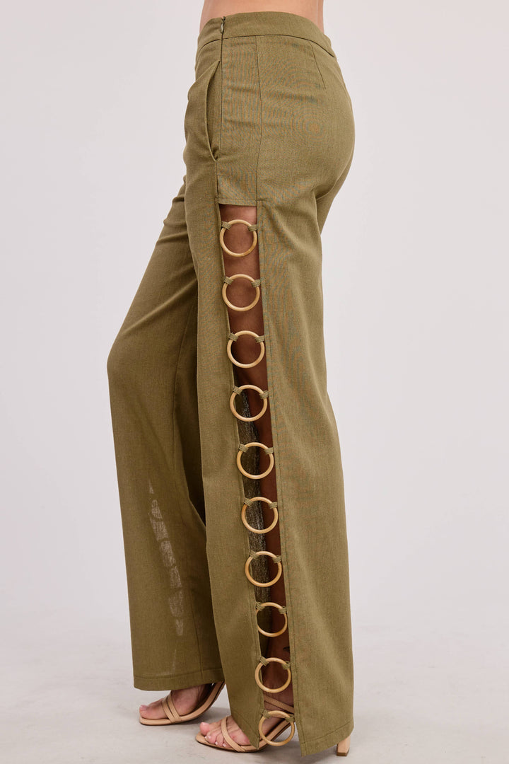 Linen Wide Leg Pants with Wooden Ring Accents