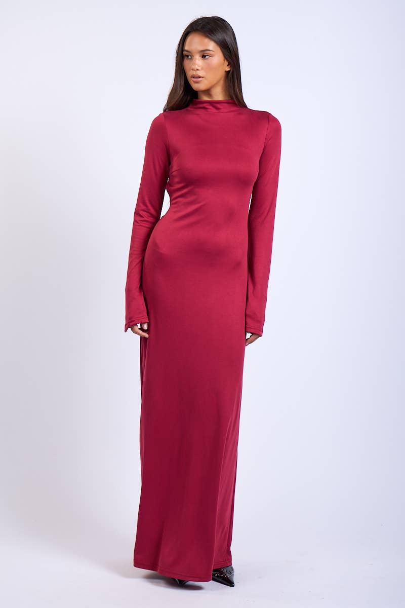 SOLID LONG SLEEVE OPEN BACK DOUBLE TIES MAXI DRESS ( Valentines)