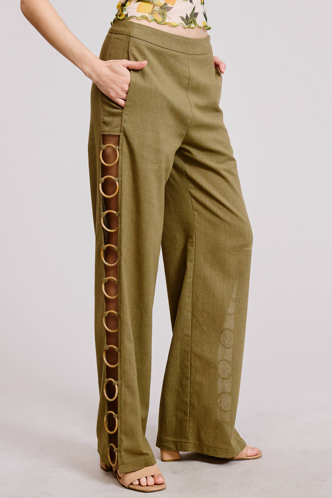 Linen Wide Leg Pants with Wooden Ring Accents