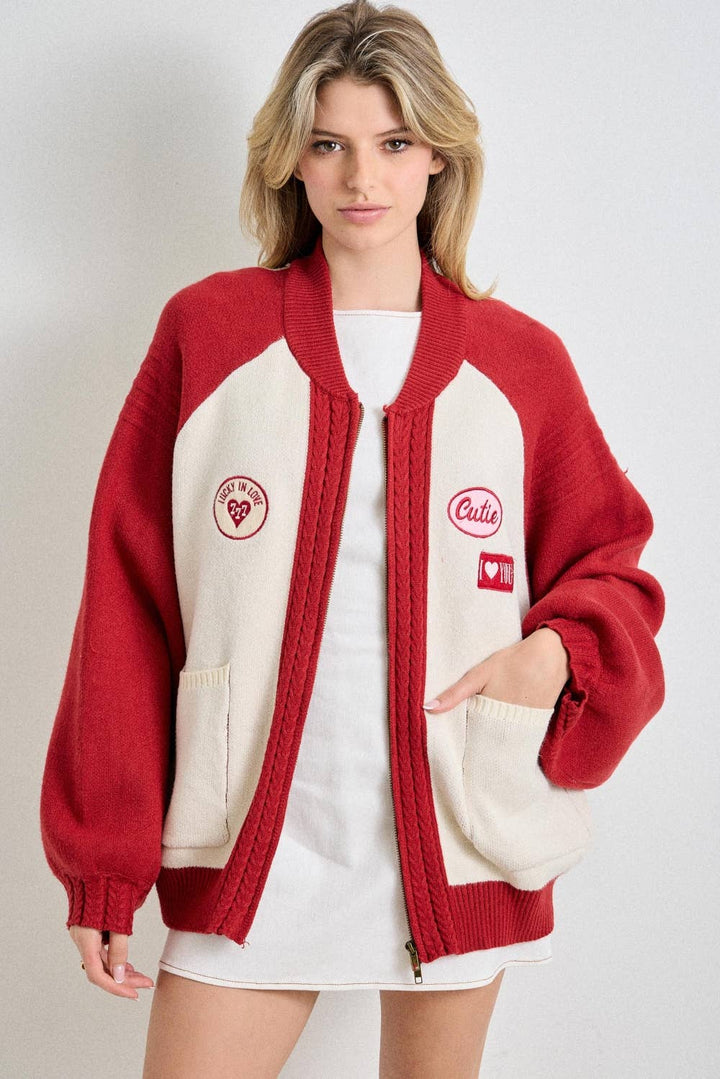 Retro Patch Appliqué Knit Bomber: CREAM/GREY