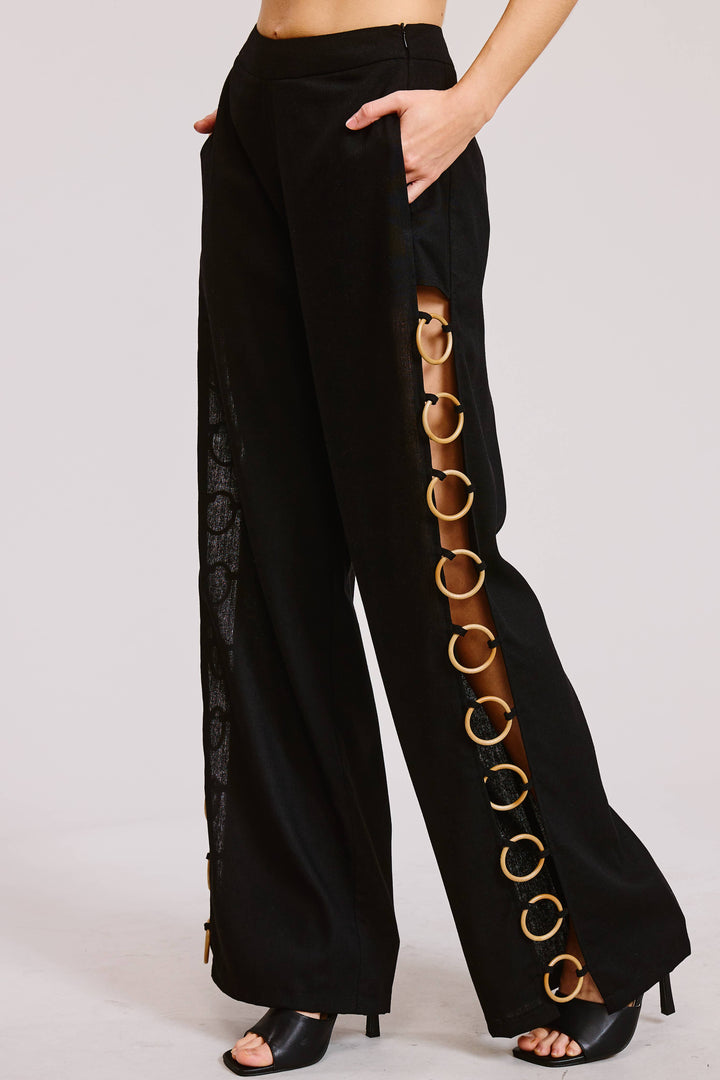 Linen Wide Leg Pants with Wooden Ring Accents